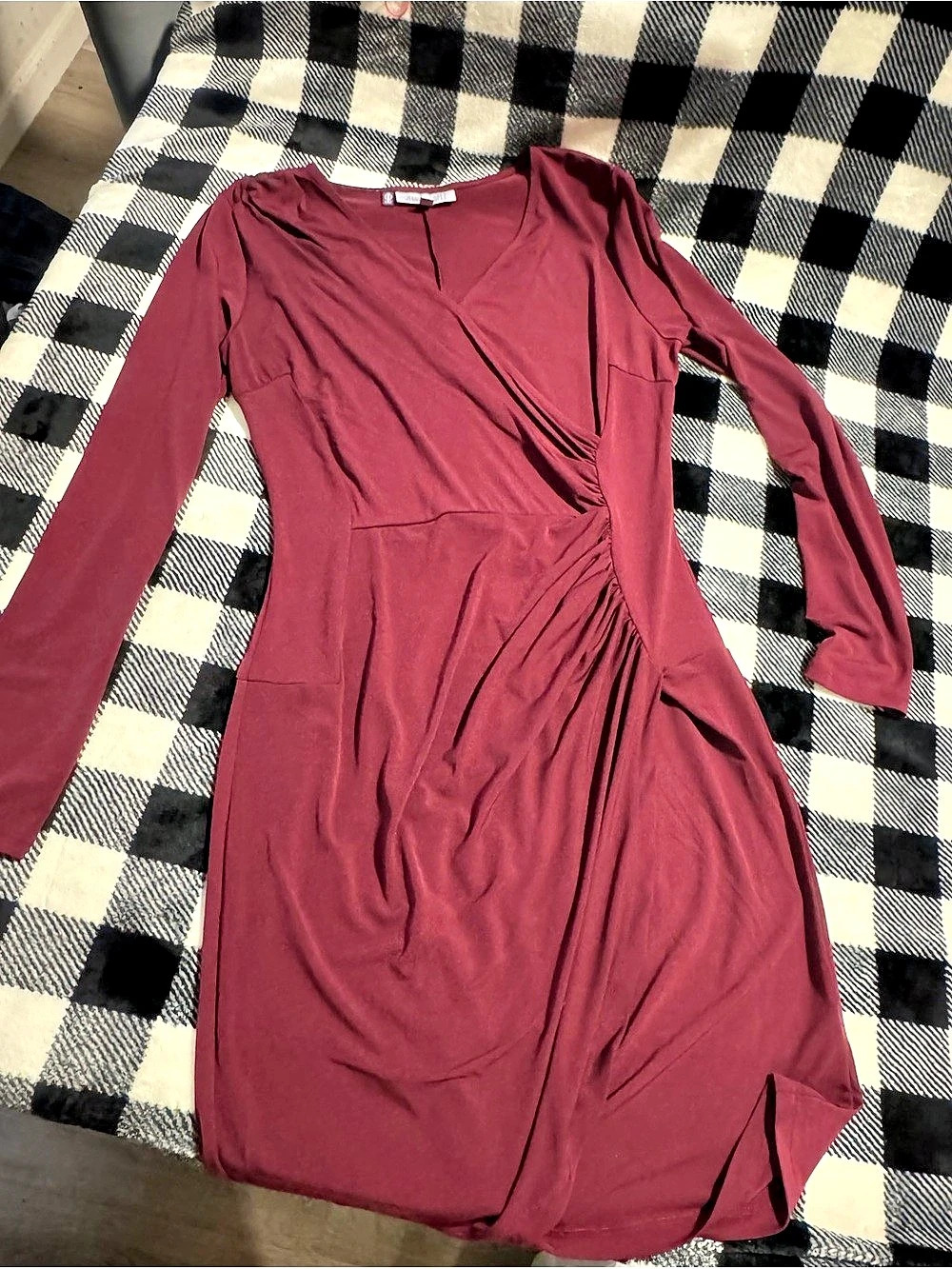Jennifer Lopez Women's Ruched Wrap Midi Dress Burgundy Size Medium